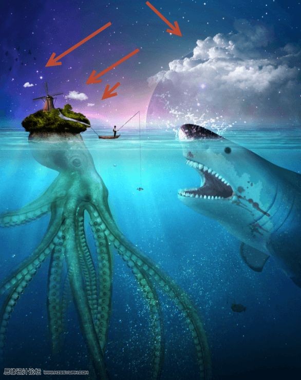 Photoshop合成章鱼岛渔夫出海钓鲨鱼教程,PS教程,素材中国