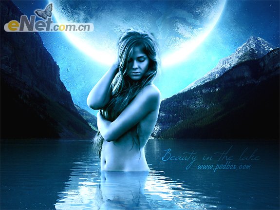 Photoshop合成蓝色风格的美女湖光夜浴场景 全福编程网