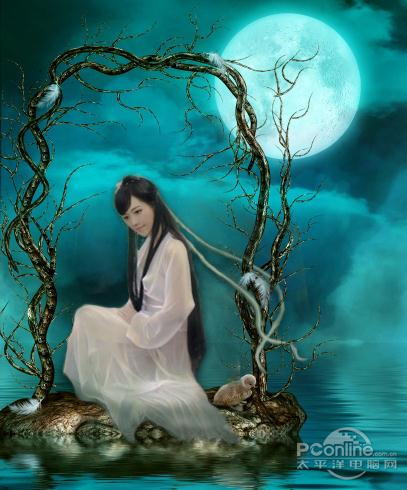 PS教程：Photoshop合成月夜镜湖美女图