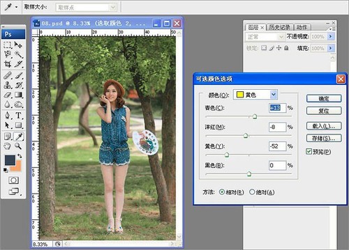 Photoshop给树林写真人像加上甜美的黄绿色