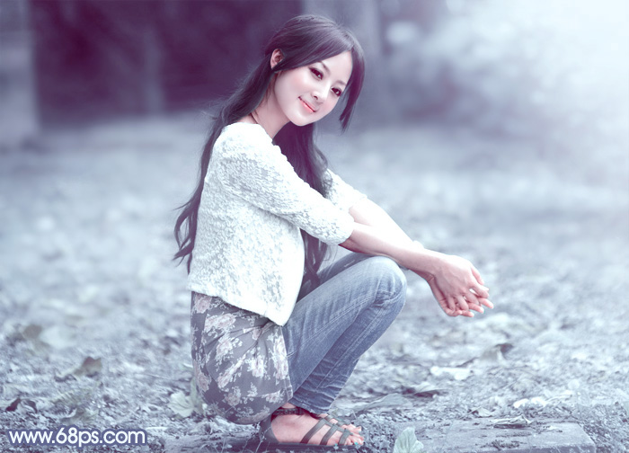 Photoshop打造唯美的冬季淡蓝色外景美女图片 全福编程网