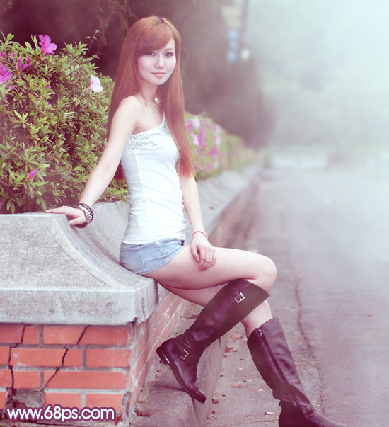 Photoshop给花边的美女加上唯美的紫褐色 全福编程网