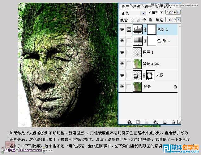 PS合成古树人像_软件自学网