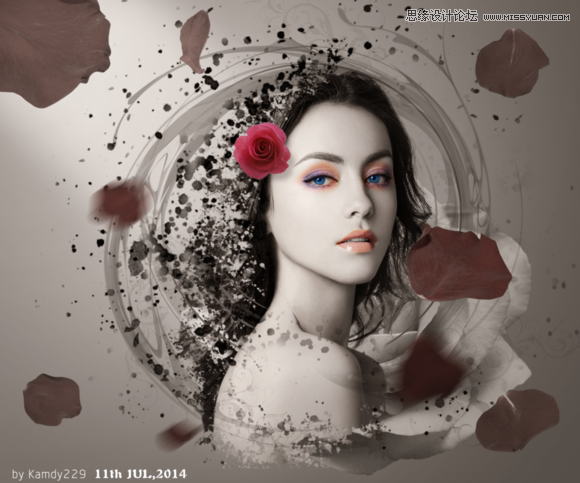 Photoshop合成玫瑰花纷飞的创意人像插画 全福编程网