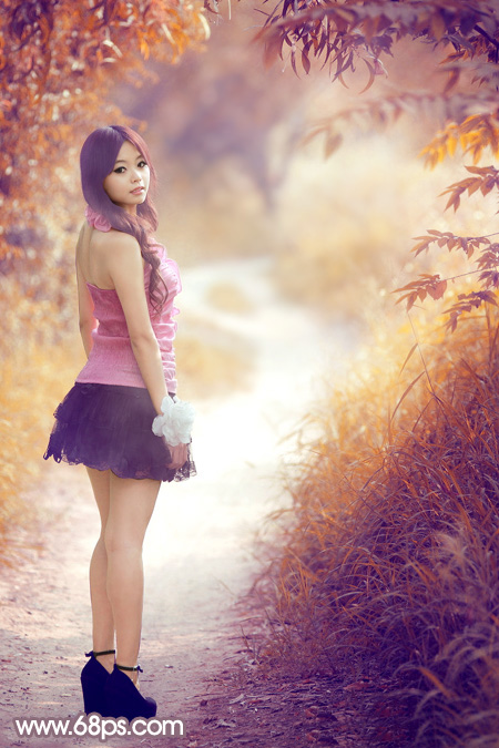 Photoshop给树林中的美女加上唯美的秋季蓝红色 全福编程网