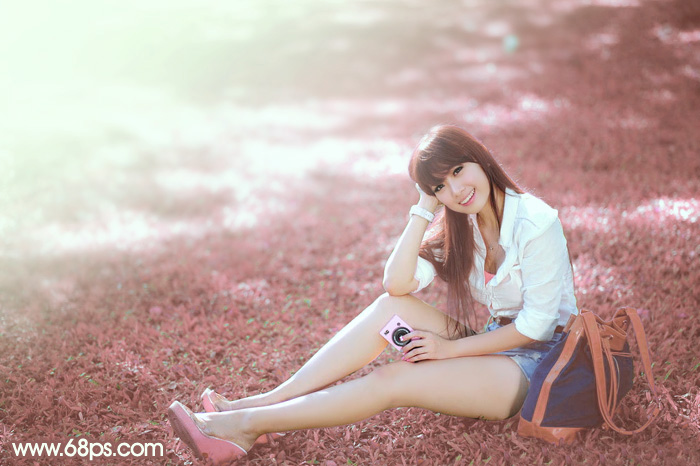 Photoshop打造唯美的粉红色草地美女图片 全福编程网