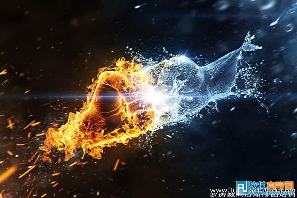 PS合成冰火对决的拳头 全福编程网
