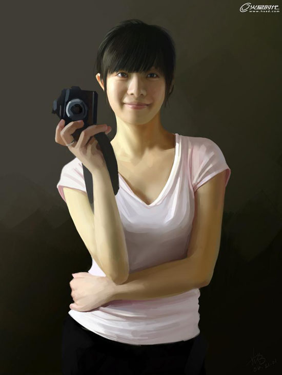 Photoshop鼠绘室内手拿相机的美女   全福编程网