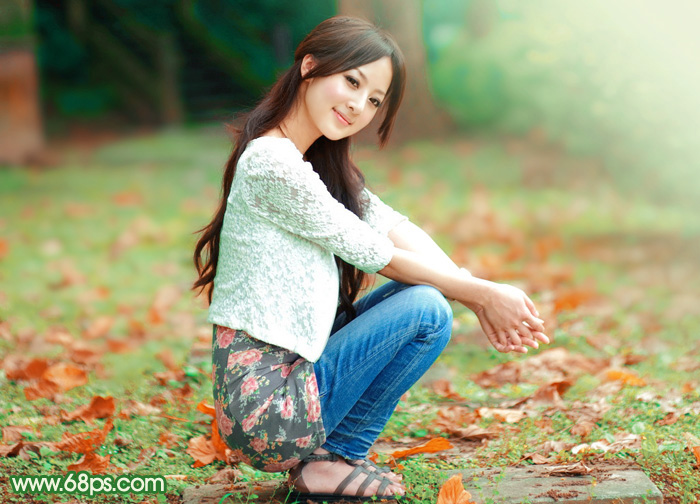 Photoshop打造唯美的橙绿色草地美女图片 全福编程网