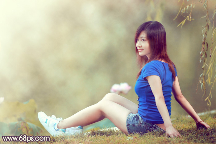 Photoshop给池塘边的美女加上唯美古典黄褐色 全福编程网