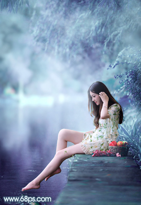 Photoshop打造唯美的淡冷色水景美女图片 全福编程网