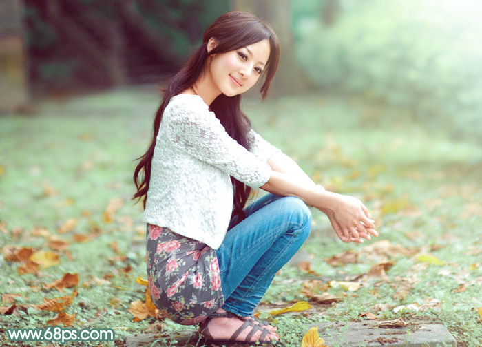 Photoshop给空地上的美女加上甜美的粉绿色 全福编程网