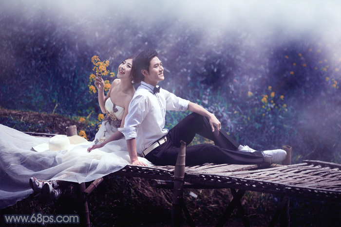 Photoshop给田园中的情侣加上唯美的深蓝色 全福编程网