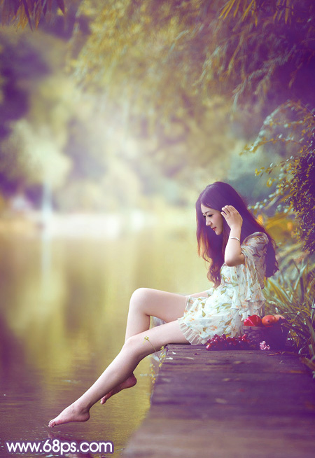 Photoshop给池塘边的美女加上清爽的橙黄色 全福编程网