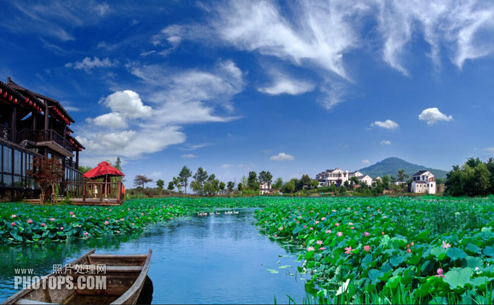 Photoshop给水景图片增加漂亮的荷叶及蓝天 全福编程网