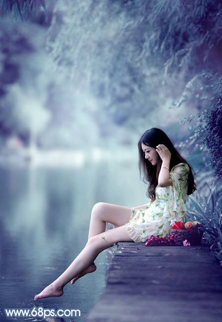 Photoshop给塘边的美女加上唯美的秋季青蓝色 全福编程网