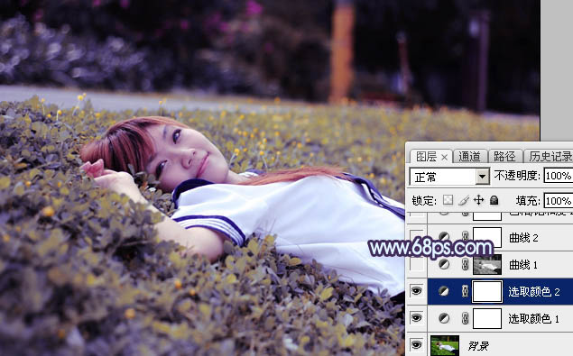 Photoshop将草地人物图片调制出柔美的梦幻暗调蓝黄色