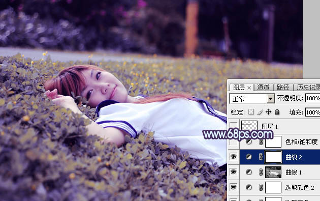 Photoshop将草地人物图片调制出柔美的梦幻暗调蓝黄色