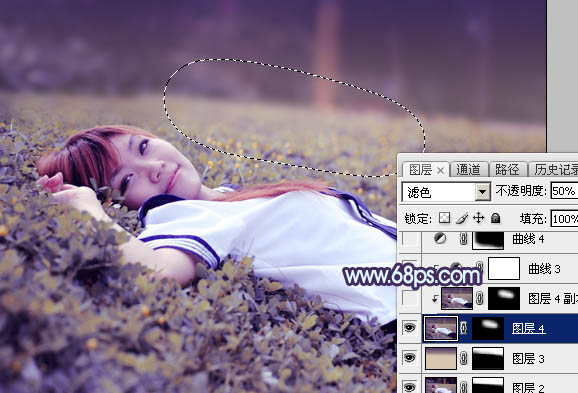 Photoshop将草地人物图片调制出柔美的梦幻暗调蓝黄色