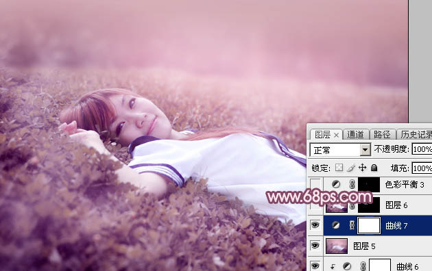 Photoshop调出梦幻的粉红色草地上的人物图片