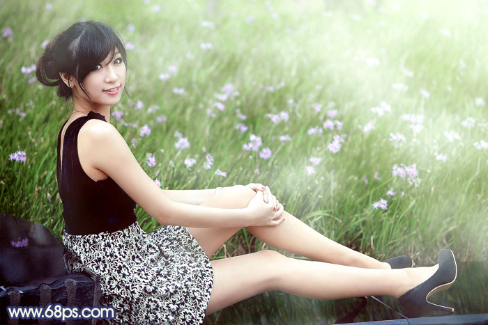 Photoshop给草地边的美女加上梦幻的淡绿色 全福编程网