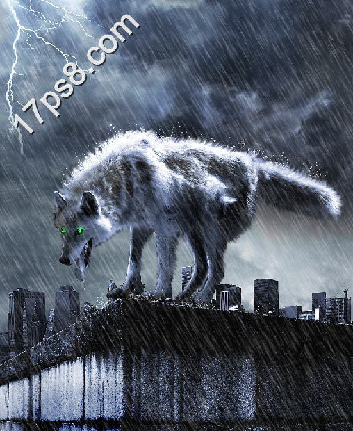 PS合成雨夜城市中两眼发青光的饿狼 全福编程网