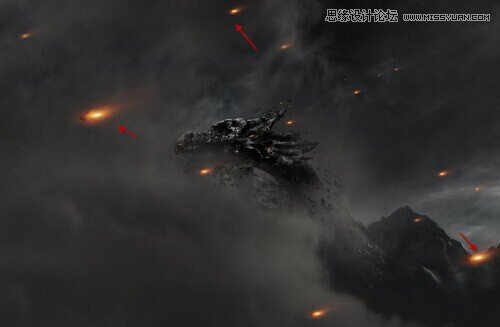 Photoshop合成超酷的火焰龙山效果图,PS教程,素材中国