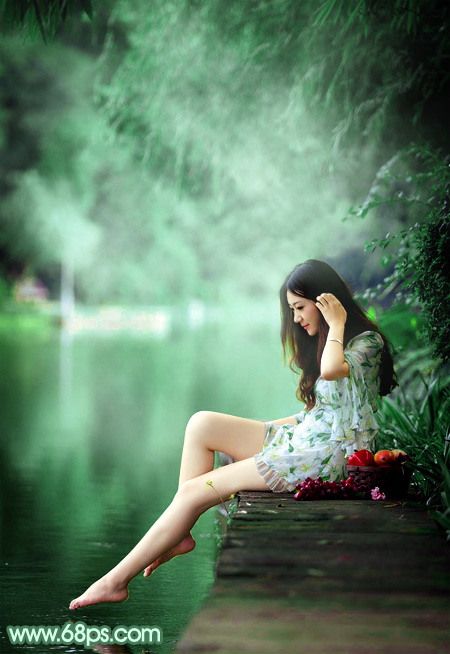 Photoshop打造梦幻的青绿色湖景美女图片 全福编程网
