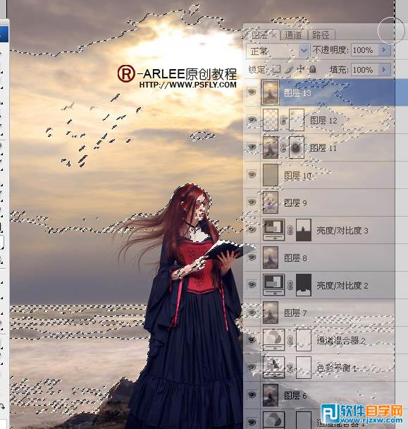 PS完美合成暮色中在海边阅读的圣女_软件自学网